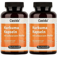 Produktbild von Casida Kurkuma Kapseln mit schwarzem Pfeffer Extrakt hochdosiert bio vegan ohne Zusatzstoffe