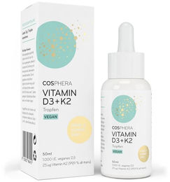 Cosphera Vitamin D3 K2 Tropfen mit 1000 IE Vitamin D3 und 25 µg K2 MK7 in MCT-Öl, vegan, ohne Zusatzstoffe, 50 ml – Bild 1 von 2
