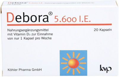 Debora Vitamin D3 Köhler Pharma 5.600 IE Kapseln 20 Stück glutenfrei und laktosefrei für Erwachsene – Bild 1 von 1