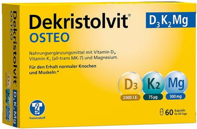 Dekristolvit OSTEO D3K2Mg Kapseln mit Vitamin D3 2000 IE, vegetarisch, glutenfrei, laktosefrei und zuckerfrei, 60 Stück – Bild 1 von 1