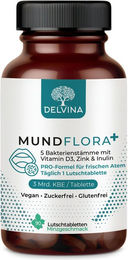 Delvina Mundflora PRO Lutschtabletten mit 5 Bakterienstämmen, Vitamin D3, Zink und Inulin, 90 Stück, Minzgeschmack, vegan, zuckerfrei und glutenfrei – Bild 1 von 4