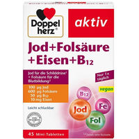 Produktbild von Doppelherz aktiv Jod, Folsäure, Eisen und Vitamin B12 Tabletten für Frauen, Schwangere, Stillende und Senioren, 45 Tabletten