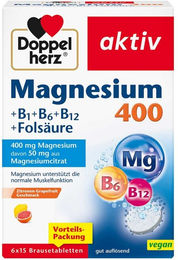 Doppelherz aktiv Magnesium 400 mg mit Vitamin B1, B6, B12 und Folsäure Brausetabletten für Erwachsene und Sportler 90 Stück – Bild 1 von 3