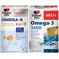 Produktbild von Doppelherz system OMEGA-3 family + Omega-3 1400 Kapseln für Erwachsene und Kinder 180 Stück