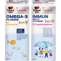 Produktbild von Doppelherz system OMEGA-3 flüssig family und system IMMUN Multivitamine family für Kinder und Erwachsene