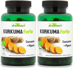 dreikraut Kurkuma Forte Bio Kapseln vegan glutenfrei laktosefrei 160 Stück – Bild 1 von 1