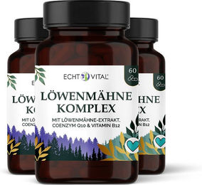 Echt Vital Löwenmähne Komplex mit Löwenmähne Extrakt, Q10 und B12, vegan, ohne Zusatzstoffe, 180 Stück – Bild 1 von 1