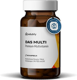 edubily Das Multi Multivitamin Kapseln mit Iod und 20 Mikronährstoffen sowie PQQ und Q10 vegan ohne Zusatzstoffe 90 Kapseln – Bild 1 von 3