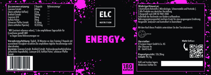 ELC Nutrition Energy Plus Kapseln mit Guarana und Koffein vegan 180 Stück – Bild 1 von 3