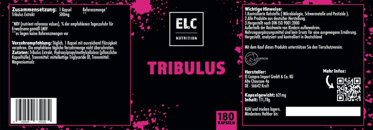 ELC Nutrition Tribulus Extrakt Vegan 180 Kapseln – Bild 1 von 3