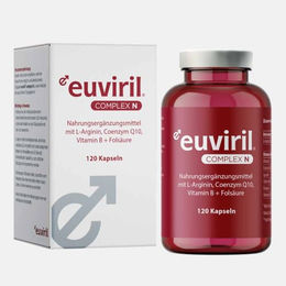Enzyma Pharma euviril complex N – L-Arginin 3000 mg mit Coenzym Q10, Lycopin, Vitamin E, B6, B12 & Folsäure – Nahrungsergänzungsmittel für den Mann – 120 Kapseln – laktosefrei und glutenfrei – Bild 1 von 1
