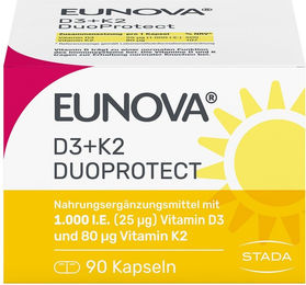 Eunova DuoProtect D3 + K2 Nahrungsergänzungsmittel 1000 I.E. und 80 µg Kapseln 90 Stück vegetarisch ohne Zusatzstoffe – Bild 1 von 1