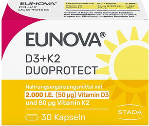 Eunova DuoProtect Vitamin D3 und K2 2000 IE/80 µg Kapseln für Erwachsene und Kinder – Bild 1 von 1