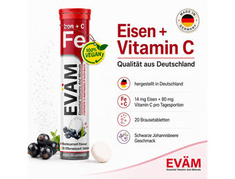 EVÄM Eisen Citrat und Vitamin C Brausetabletten mit Ascorbinsäure, 14 mg Eisen und 80 mg Vitamin C, 20 Stück, vegan, zuckerfrei, für Erwachsene – Bild 1 von 1