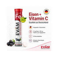 Produktbild von EVÄM Eisen Citrat und Vitamin C Brausetabletten mit Ascorbinsäure, 14 mg Eisen und 80 mg Vitamin C, 20 Stück, vegan, zuckerfrei, für Erwachsene