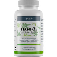 Produktbild von EXVital Hanföl Kapseln hochdosiert mit 1000mg Hanfsamenöl, Omega 3 und Omega 6, glutenfrei und ohne Zusatzstoffe