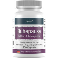 Produktbild von EXVital Ruhepause Kapseln mit Baldrian und Ashwagandha vegan und ohne Zusatzstoffe