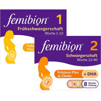Produktbild von Femibion 1 Frühschwangerschaft und Femibion 2 Schwangerschaft Set, Tabletten für Schwangere und Stillende, glutenfrei und laktosefrei