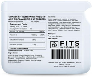 FITS Supplements Vitamin C 1000 mg mit Bio-Hagebutte und Bioflavonoiden Tabletten 90 Stück – Bild 1 von 1