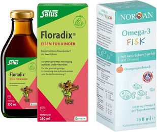 Floradix Eisen Tonikum und Norsan Omega-3 Fisch für Kinder in flüssiger Form – Bild 1 von 1