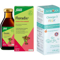 Produktbild von Floradix Eisen Tonikum und Norsan Omega-3 Fisch für Kinder in flüssiger Form