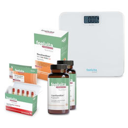 Genius Nutrition Balance-Set 5-teilig mit LipoXanthin, LipoXanthin Forte und NeoXanthin mit Kollagenhydrolysat sowie Körperwaage vegan in Kapseln – Bild 1 von 2