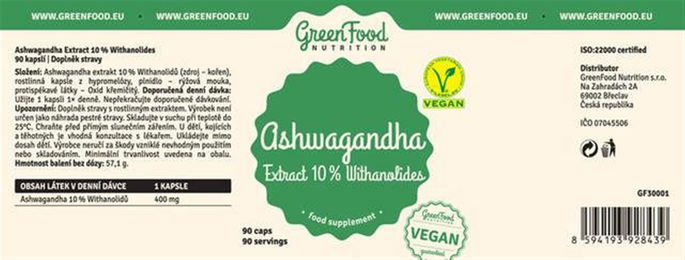 GreenFood Nutrition Ashwagandha Extrakt mit 10% Withanoliden pflanzlicher Ursprung 90 Kapseln – Bild 1 von 2
