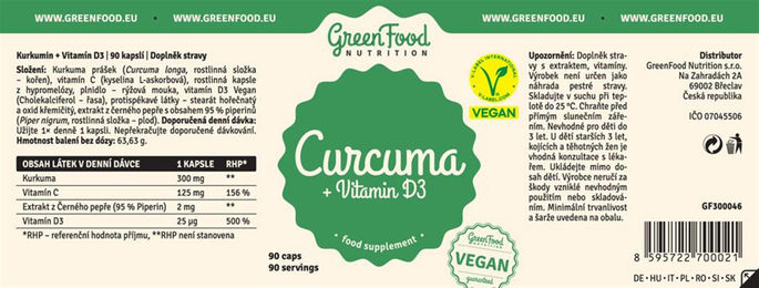 GreenFood Nutrition Kurkuma und Vitamin D3 vegan Kapseln 90 Stück – Bild 1 von 2