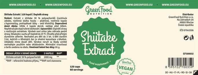 GreenFood Nutrition Shiitake-Extrakt Vegan Kapseln 120 Stück – Bild 1 von 2