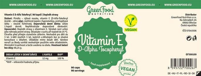 GreenFood Nutrition Vitamin E Alpha Tocopheryl Vegan 90 Kapseln – Bild 1 von 2