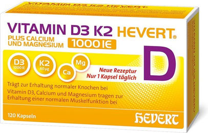 Hevert Vitamin D3 K2 mit Calcium und Magnesium 1000 IE Kapseln vegetarisch laktosefrei glutenfrei – Bild 1 von 1
