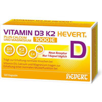 Produktbild von Hevert Vitamin D3 K2 mit Calcium und Magnesium 1000 IE Kapseln vegetarisch laktosefrei glutenfrei