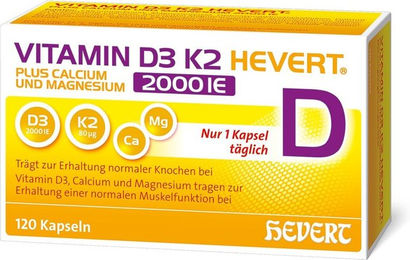 Hevert Vitamin D3 K2 mit Calcium und Magnesium 2000 IE Kapseln vegetarisch laktosefrei glutenfrei – Bild 1 von 1