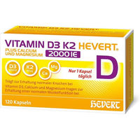 Produktbild von Hevert Vitamin D3 K2 mit Calcium und Magnesium 2000 IE Kapseln vegetarisch laktosefrei glutenfrei