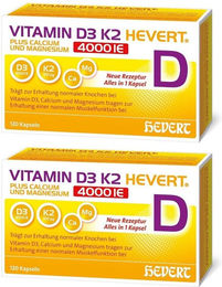 Hevert Vitamin D3 K2 mit Calcium und Magnesium 4000 IE Kapseln 120 Stück vegetarisch laktosefrei zuckerfrei glutenfrei – Bild 1 von 1