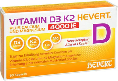Hevert Vitamin D3 K2 mit Calcium und Magnesium 4000 IE Kapseln 60 Stück vegetarisch laktosefrei glutenfrei – Bild 1 von 1