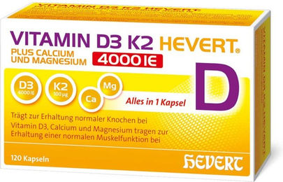 Hevert Vitamin D3 K2 mit Calcium und Magnesium 4000 IE Kapseln vegetarisch laktosefrei zuckerfrei glutenfrei – Bild 1 von 1