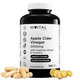 HIVITAL Apfelweinessig Kapseln mit Cayenne, Ingwer und Kurkuma 2000 mg 180 Stück vegan glutenfrei laktosefrei zuckerfrei – Bild 1 von 2
