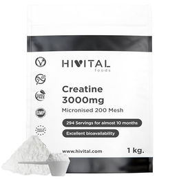 HIVITAL Kreatin Monohydrat Pulver 1 kg, 3000 mg pro Portion, mikronisiert, vegan, glutenfrei, laktosefrei und zuckerfrei – Bild 1 von 2