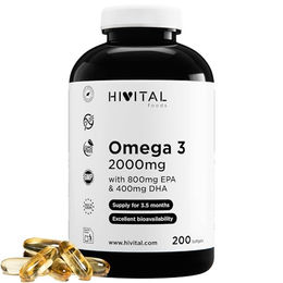 HIVITAL Omega 3 Fischöl 2000 mg mit 800 mg EPA und 400 mg DHA sowie Vitamin E, 200 Kapseln, glutenfrei, laktosefrei und zuckerfrei – Bild 1 von 2