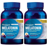 Produktbild von Hoggar Melatonin Gummies mit 1 mg Melatonin, Vitamin B6, Baldrian, Lavendel und Kamille, Blaubeergeschmack, vegan, zuckerfrei, laktosefrei und glutenfrei