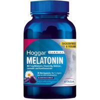 Produktbild von Hoggar Melatonin Gummies mit Vitamin B6, Baldrian, Lavendel und Kamille, Blaubeergeschmack, vegan und zuckerfrei, 30 Stück