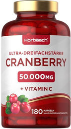 Horbaach Cranberry mit Vitamin C hochdosiert 50000 mg 300 mg Kapseln 180 Stück vegan zuckerfrei ohne Zusatzstoffe – Bild 1 von 2
