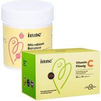 Produktbild von inne Vitamin C Ascorbinsäure Flüssig und inne Mikrobiom Balance Flüssig für Kinder vegan zuckerfrei glutenfrei laktosefrei