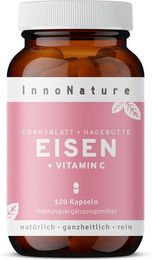 InnoNature Eisen + Vitamin C Kapseln mit Curryblatt-Extrakt und Hagebutte-Extrakt für Frauen, Schwangere und Stillende, 120 Kapseln – Bild 1 von 2