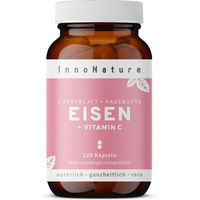Produktbild von InnoNature Eisen + Vitamin C Kapseln mit Curryblatt-Extrakt und Hagebutte-Extrakt für Frauen, Schwangere und Stillende, 120 Kapseln