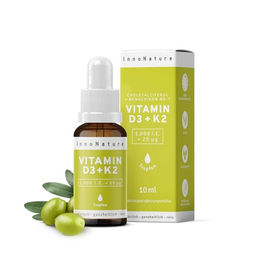 InnoNature Vitamin D3 + K2 Tropfen mit Flechten und Natto in Olivenöl, vegan, 10ml, Vitamin D3 1.000 I.E. / 25 µg + Vitamin K2 25 µg, zuckerfrei und ohne Zusatzstoffe – Bild 1 von 2