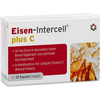 Produktbild von Intercell Eisen-Intercell Plus C Magensaftresistente Kapseln mit Eisen-Bisglycinat und Ascorbinsäure vegan glutenfrei laktosefrei ohne Gelatine