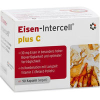 Produktbild von Intercell Eisen-Intercell Plus C mit Eisen-Bisglycinat und Ascorbinsäure, magensaftresistente Kapseln, vegan, glutenfrei und laktosefrei