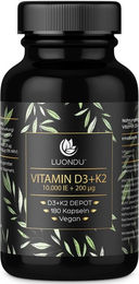 Luondu Vitamin D3 K2 Hochdosiert 10000 IE Kapseln 180 Stück vegan ohne Zusatzstoffe – Bild 1 von 1